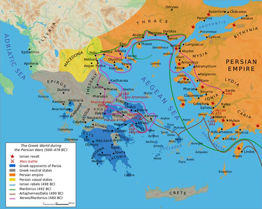A map showing the Greek world at the time of the invasion 