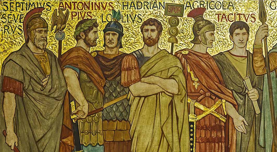 Hadian, Agricola and Tacitus – last three on the right - among Roman generals and emperors in this frieze from the Great Hall of the National Galleries Scotland by William Brassey Hole (1897) (Public Domain)