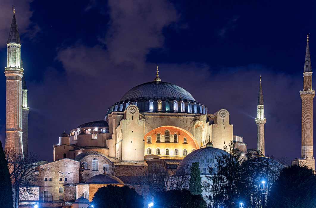 Night Time over Hagia Sophia or Hagia Sophia Church of the Holy Wisdom in Istanbul, Turkey