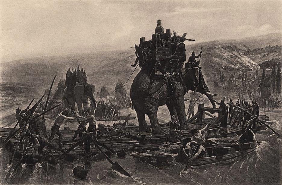 Hannibal crosses the Rhone by Henri Motte (1878) (Public Domain)