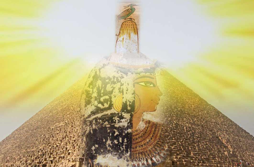 An Egyptian woman wearing a mysterious wax head cone, which is morphing 2) into the benben stone, atop which sits 3) the bennu bird, symbol of resurrection, all set before 4) the Great Pyramid, the architectural climax of mound expressionism, behind which rises 5) the morning sun, called weben by the Egyptians. This rhymed with benben, and provided an important linkage between the rising of the primeval mound and the solar disc. (Image: Design by Jonathon Perrin)