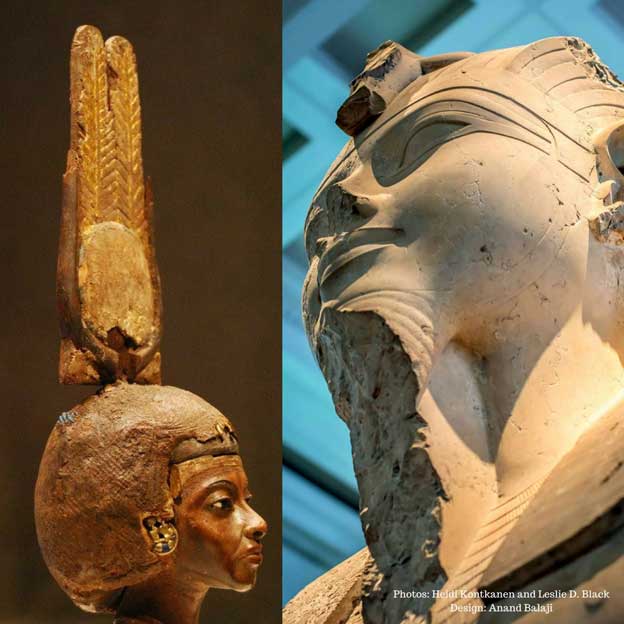 (Left) Head of a statuette of Queen Tiye wearing a double-feathered crown. This masterpiece is made of yew wood with silver, gold and glass. Neues Museum, Berlin. (Right) A limestone statue of Amenhotep III that originally stood within his Mortuary Temple in western Thebes. British Museum.