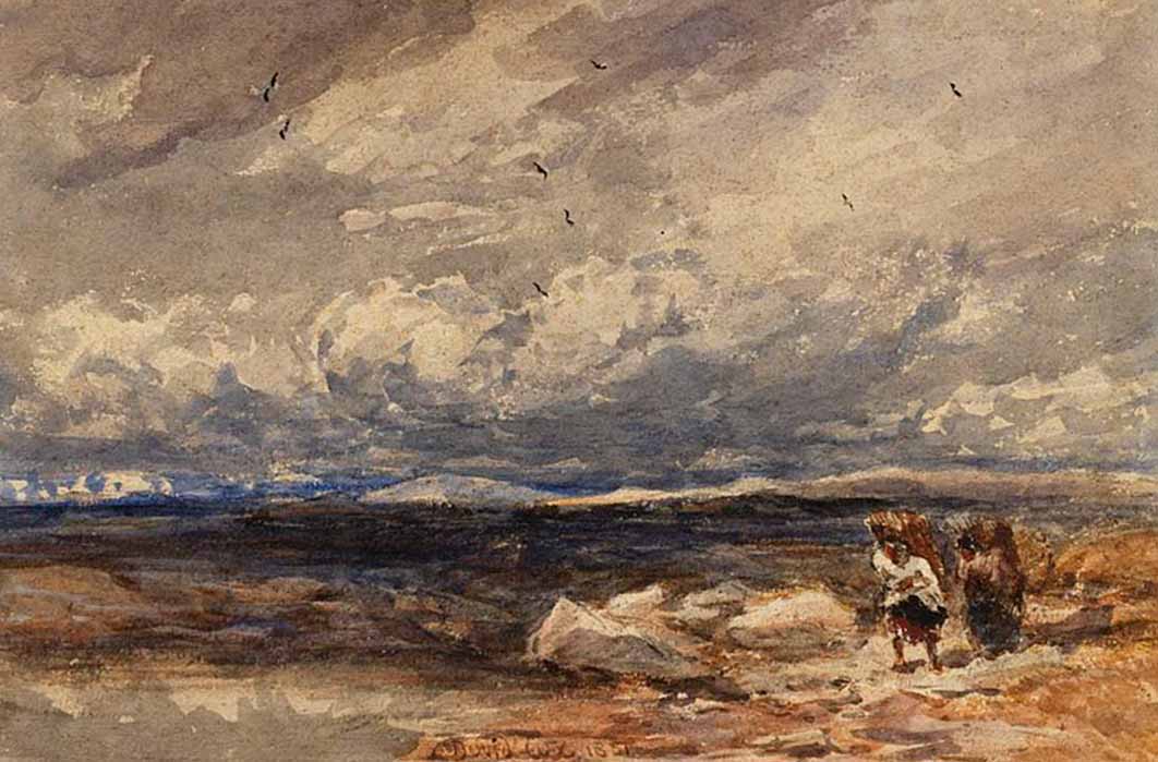 On Carrington Moss, shows individuals gathering material for besoms by David Cox (1851) (Public Domain)