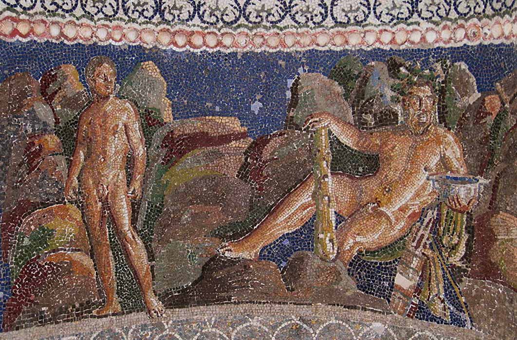 Hercules and Iolaus, Fountain mosaic from the Anzio Nymphaeum, Museo Nazionale Romano, Palazzo Massimo alle Terme, Rome. (Public Domain)