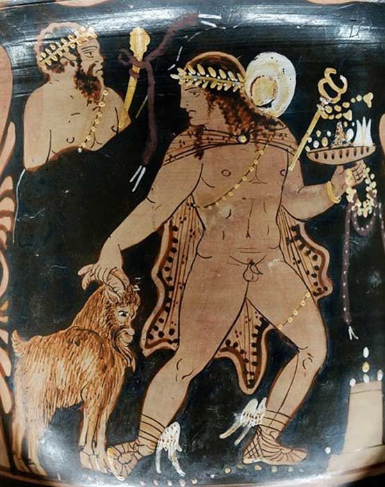 Hermes leads a goat to the sacrifice. Side A of a Campanian red-figure bell-krater 360 – 350 BC Louvre Museum (Public Domain)