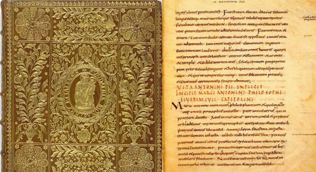The cover of a 1698 edition of the Historia Augusta from Ettal Abbey, Germany. Right: a page of the earliest manuscript.