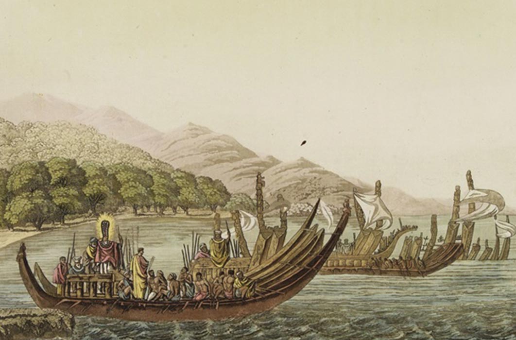 Tahitian warrior dugouts, by Giulio Ferrario. (1827) (Public Domain)
