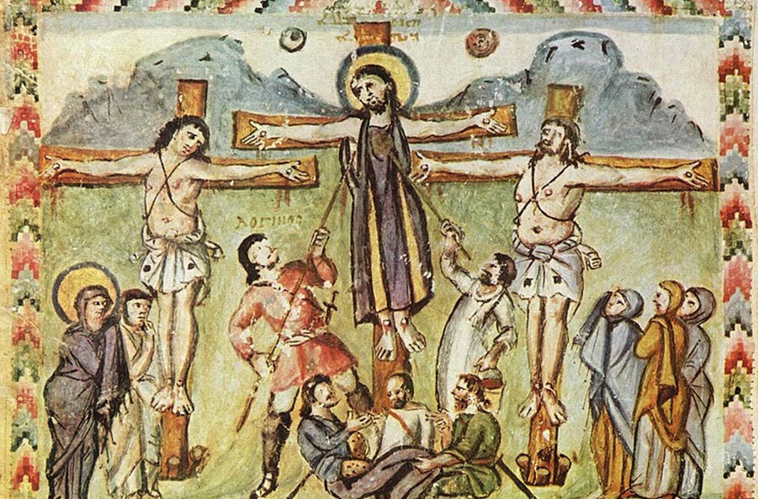 Crucifixion miniature, Rabula Gospels, with the legend 