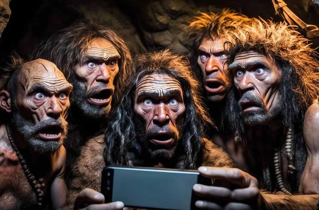 Cavemen puzzled by a mobile phone  ( Blue Planet Studio/Adobe Stock)