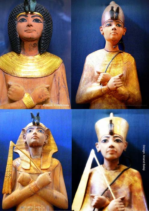 Howard Carter was highly impressed with the selection of large-sized shabtis in Tutankhamun’s sepulcher. Specimens wearing different headgear are shown here; and those with the tripartite wig (top left) were the most common. However, a few shabtis do not seem to have been destined for the boy-king. Egyptian Museum, Cairo. (Photos: Susan Ryan and Heidi Kontkanen)