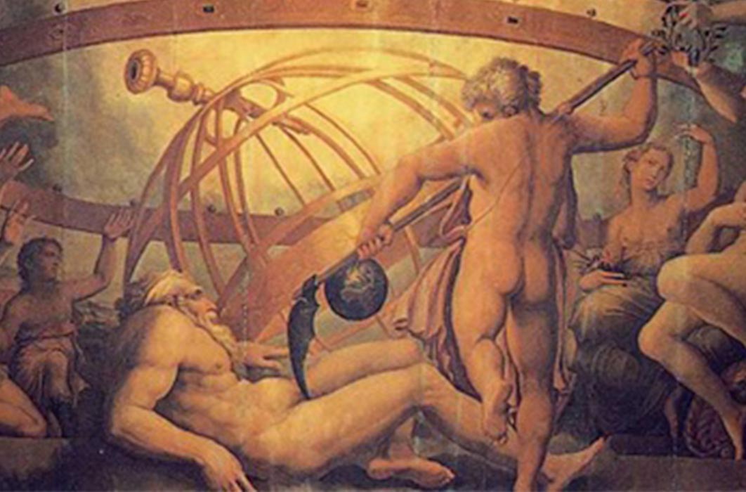 The Mutilation of Uranus by Saturn: fresco by Giorgio Vasari and Cristofano Gherardi. (1560) Sala di Cosimo I, Palazzo Vecchio (Public Domain)