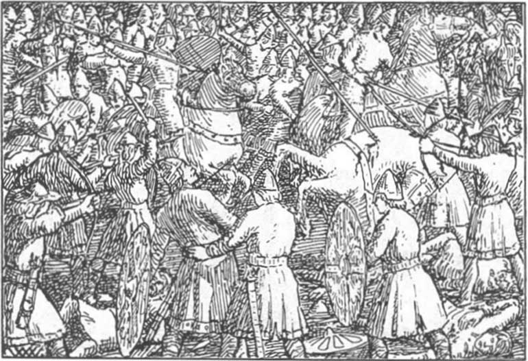 Illustration of a battle. Harald Hardraada saga, Heimskringla. 