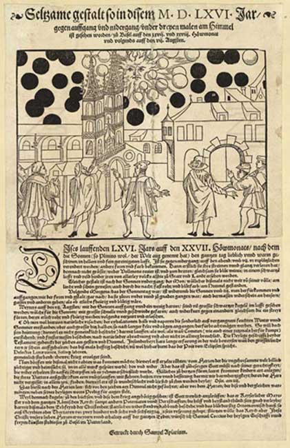 In 1566, a similar celestial phenomenon was reported over Basel, Switzerland and The Basel Pamphlet describes “unusual sunrises and sunsets” and phenomena “fighting together” in the form of numerous red and black balls in the sky before the rising sun. (Public Domain).