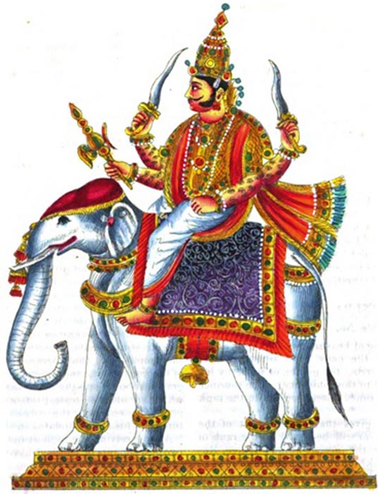 Indra with his thunderbolt, Vajra riding on his elephant, Airvata by E. A. Rodrigues - The complete Hindu Pantheon (1842) (Public Domain)