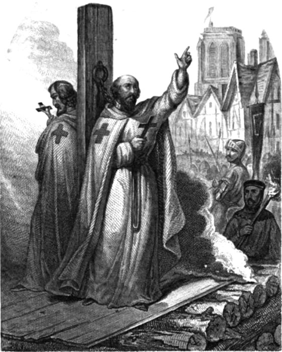 Jacques de Molay's burning at the stake. Jules Edouard Alboise du Pujol, Auguste Maquet The Prisons of Europe, Paris, (1845). (Public Domain).