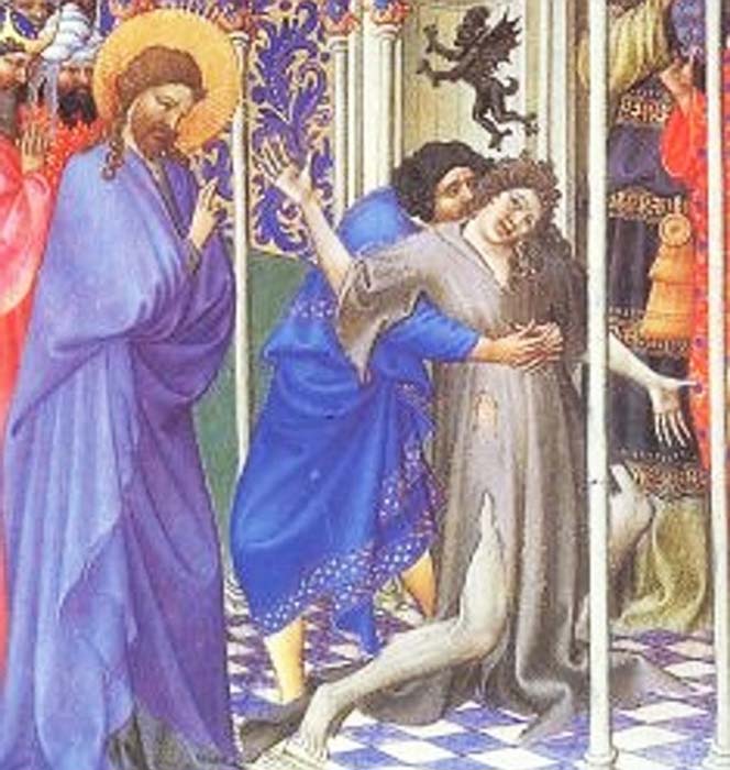 Jesus drives out a demon or unclean spirit, from the 15th-century Très Riches Heures (Public Domain)
