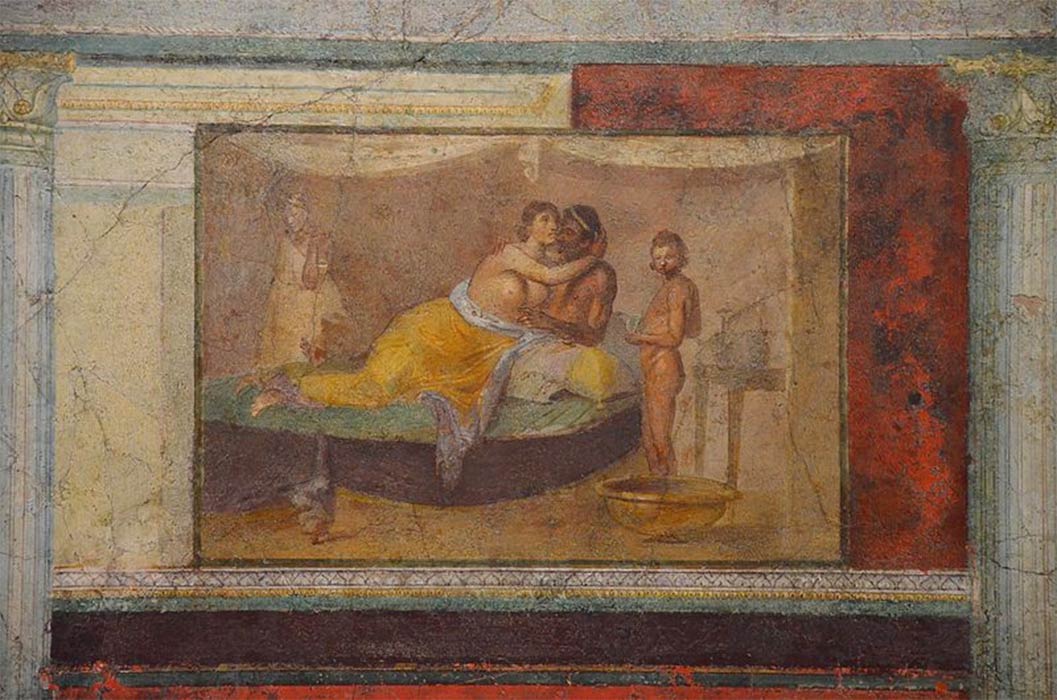 Fresco depicting an erotic scene, from the cubiculum of the villa of Marcus Vipsanius Agrippa, 1st century AD, Palazzo Massimo alle Terme, Rome. (CC BY-SA 2.0)