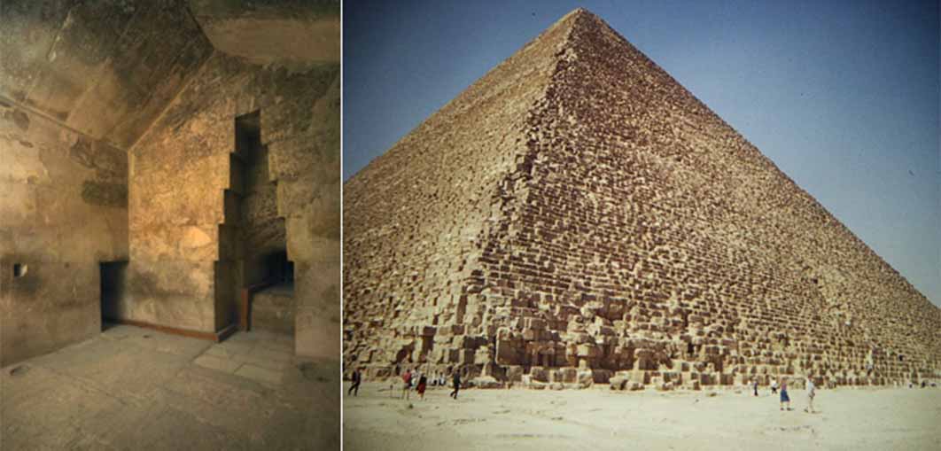 Left; Image of Khufu’s Queen’s chamber and Right; a view of Khufu’s pyramid.                   Source:  Provided by Author, Right, Gary Todd/ CC0