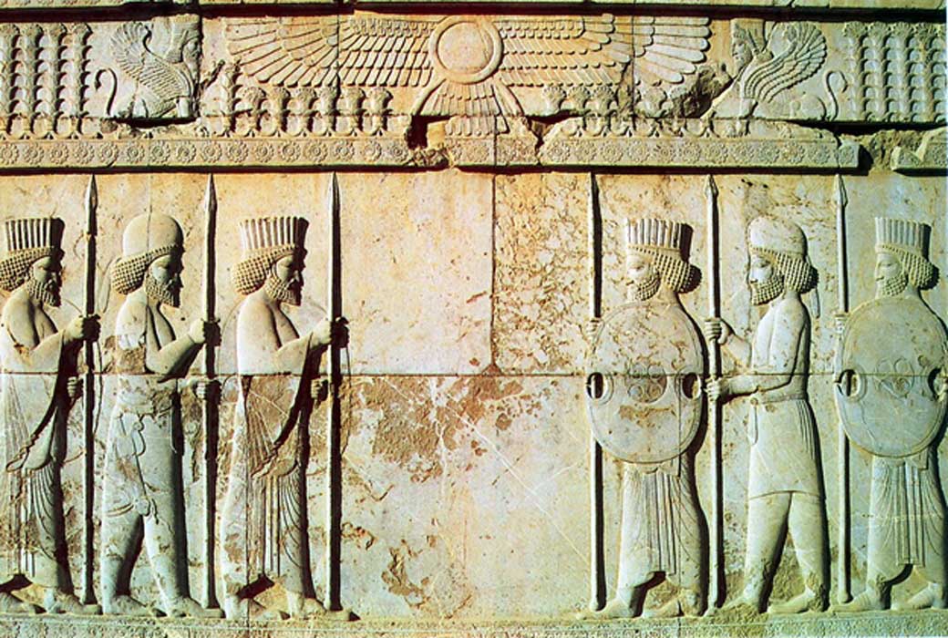 Apadana Hall, fifth-century BC carving of Persian archers and Median soldiers in traditional costume (Medians are wearing rounded hats and boots) 