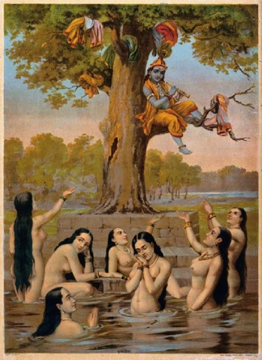 Krishna sitting in a tree with all the gopis’ clothes while they are naked in the water, begging for their garments. Chromolithograph after Ravi Varma. (Wellcome Collection./CC BY-4.0)