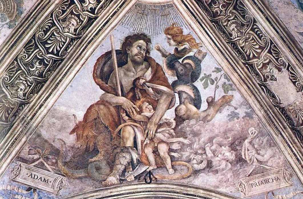 Adam clutches a child in the presence of the child-snatcher Lilith, by Filippino Lippi (1502) Basilica of Santa Maria Novella, Florence (Public Domain)