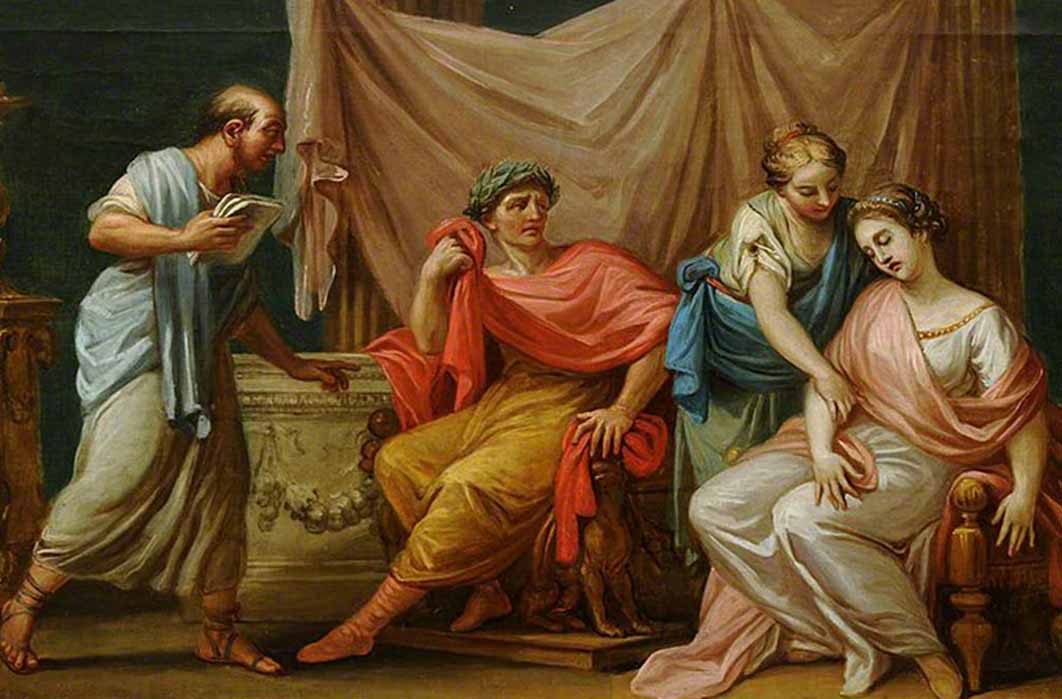 Virgil reading the Aeneid to Emperor Augustus, his wife Livia and fainting sister Octavia by Antonio Zucchi (1767) (Public Domain)