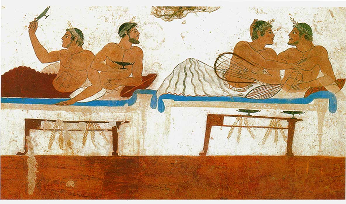 Pederastic couples at a symposium, as depicted on a tomb fresco from the Greek colony of Paestum in Italy.