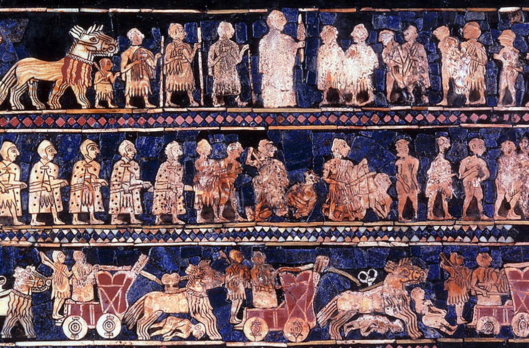 The Standard of Ur mosaic, from the royal tombs of Ur, is made of red limestone, bitumen, lapis lazuli, and shell. The 