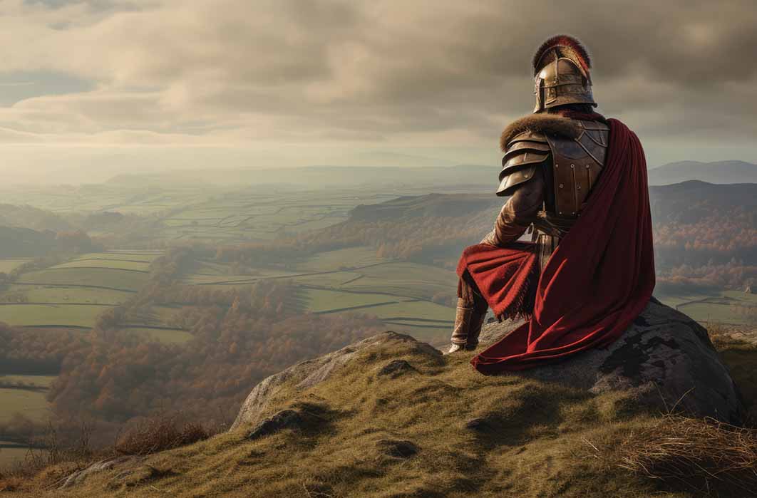 A Roman soldier keeping a lookout over the misty hills of Britannia. (Justinas / Adobe Stock)
