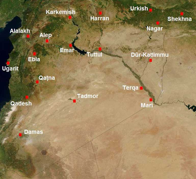 Main cities of Syria in the second millennium BCE. Kadesh, or Qadesh, is to the west.