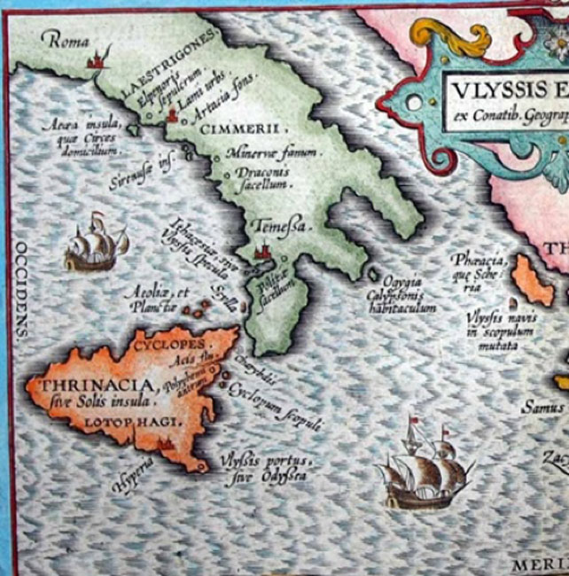 Map of Odysseus’ odyssey with Aiaia, Circe’s island (top left) marked south of Rome on the coast (Abraham Ortelius, 1624) (Public Domain)