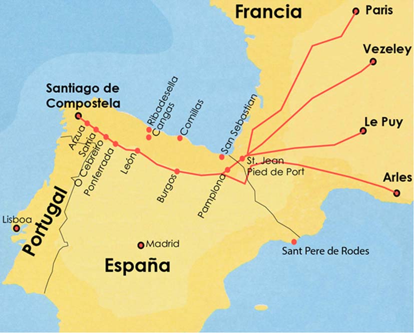 Map of the Camino de Santiago/The French Way (Courtesy author ©Elyn Aviva)