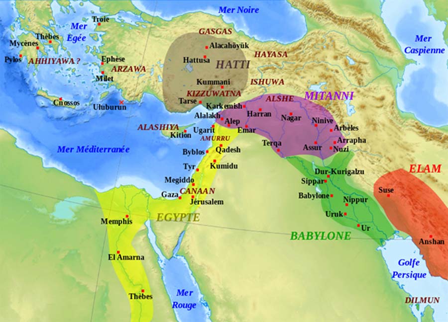 Map of the Middle East in the first half of the 14th century BC, during the time the Amarna letters were written. King Akhenaten’s disastrous reign had left Egypt vulnerable to rebellion and attack.  (CC BY-SA 3.0)