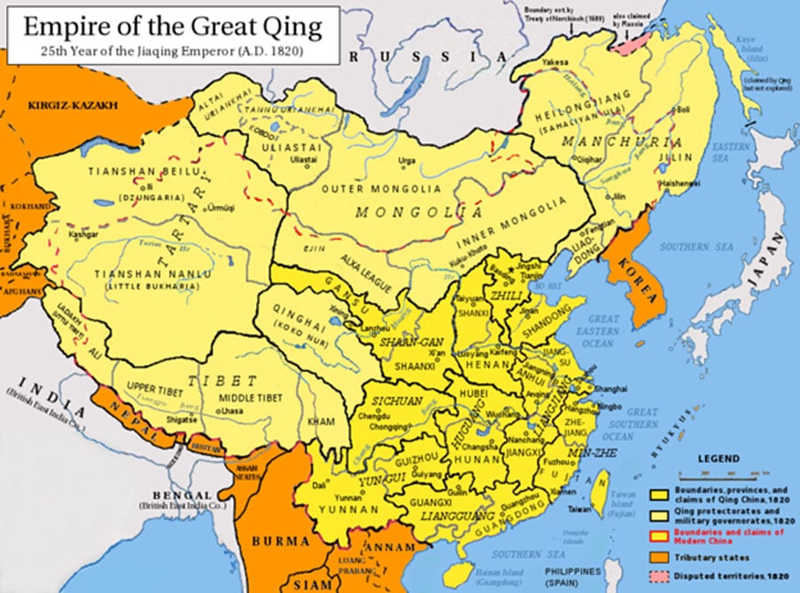 Map of the Qing Dynasty in 1820. (Includes provincial boundaries and the boundaries of modern China for reference (CC BY-SA 3.0)