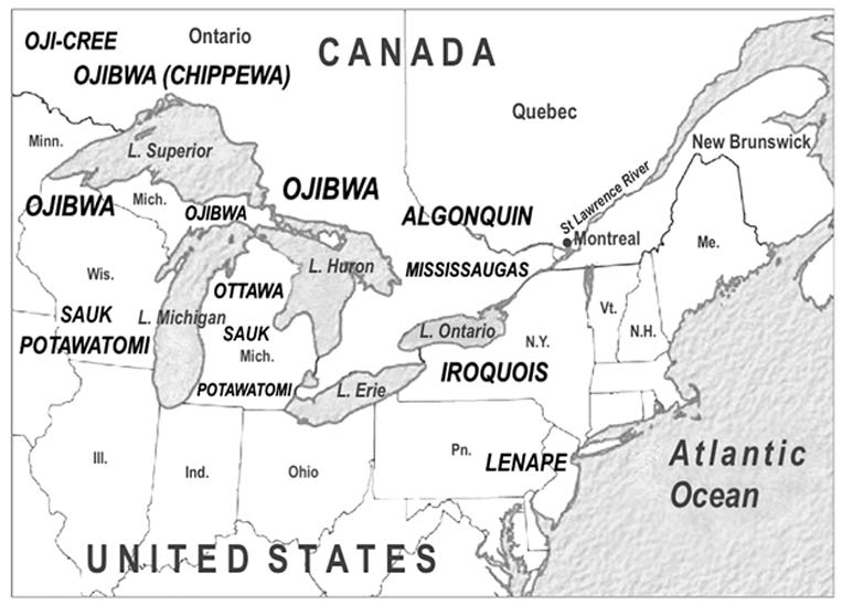 Map showing the territories of First Peoples of the Great Lakes and St Lawrence River region of the United States and Canada. (Image: Courtesy of the Author)