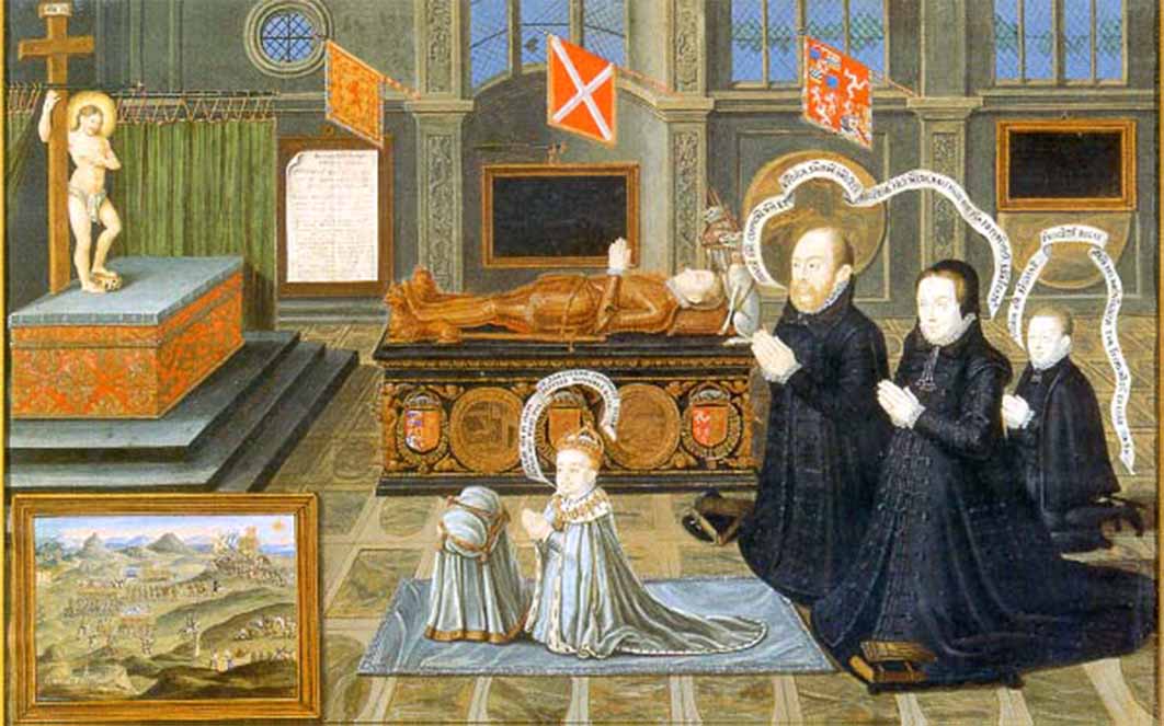 Margaret Douglas and her husband Matthew, Earl of Lennox, their young son Charles and grandson James VI of Scotland, next to the body of their son Lord Darnley, consort to Queen Mary of Scots and father of James VI, by Livinus De Vogelaare (1567) (Public Domain)