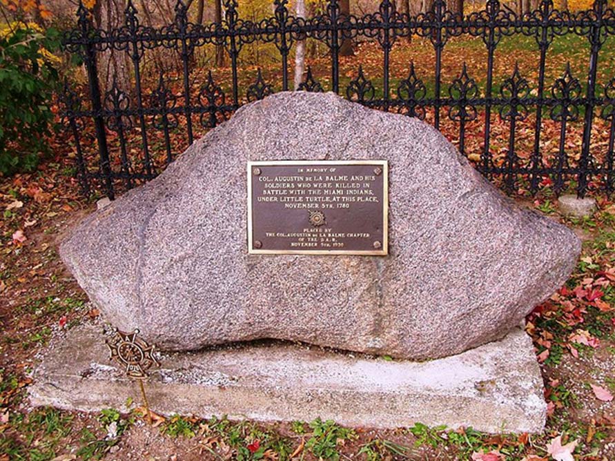 Marker commemorating La Balme's Defeat, on Dela Balme Road in Whitley County, Indiana (Public Domain)