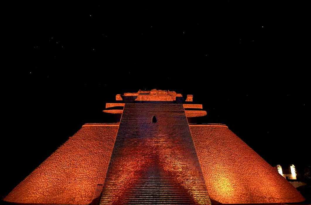 The Pyramid of the Magician at Uxmal, a Maya observatory, under a starry sky which includes the constellation of Orion, to the left. (Image: © Jonathon Perrin)