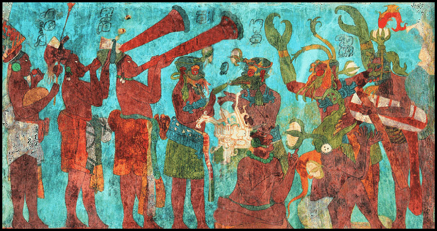 Maya Music: Bonampak temple room 1, file of musicians: rattle and ocarina; trumpets; and theatrical scene (Public Domain)
