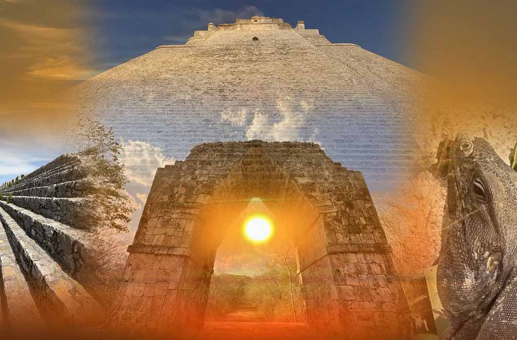 Clockwise from top: Pyramid of the Magician at Uxmal, iguana at Uxmal, Kabáh Arch, the Palace at Dzibilchaltún, all set over the rising sun captured at Yaxuna. (Image Deriv: Courtesy © Dr Jonathon Perrin)