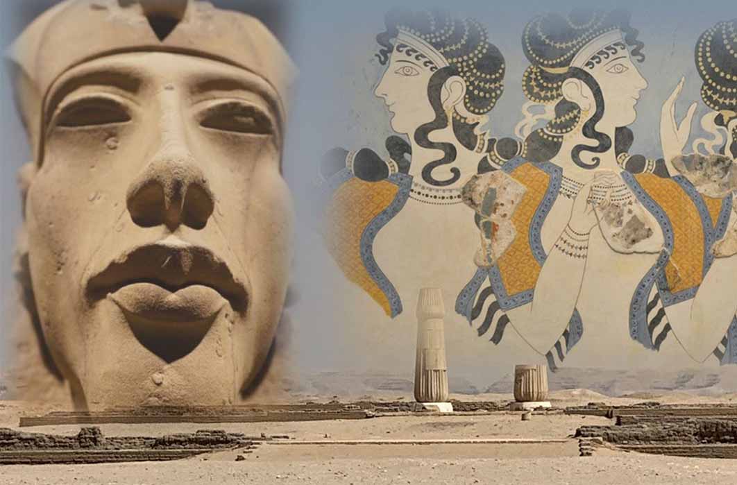 Fusion of elements: 1) the central city of Amarna, looking east (photo by author), a statue of Akhenaten, with the famous Minoan fresco from the Knossos Palace, “Ladies in Blue”, circa 1500 BC. (Public Domain)	