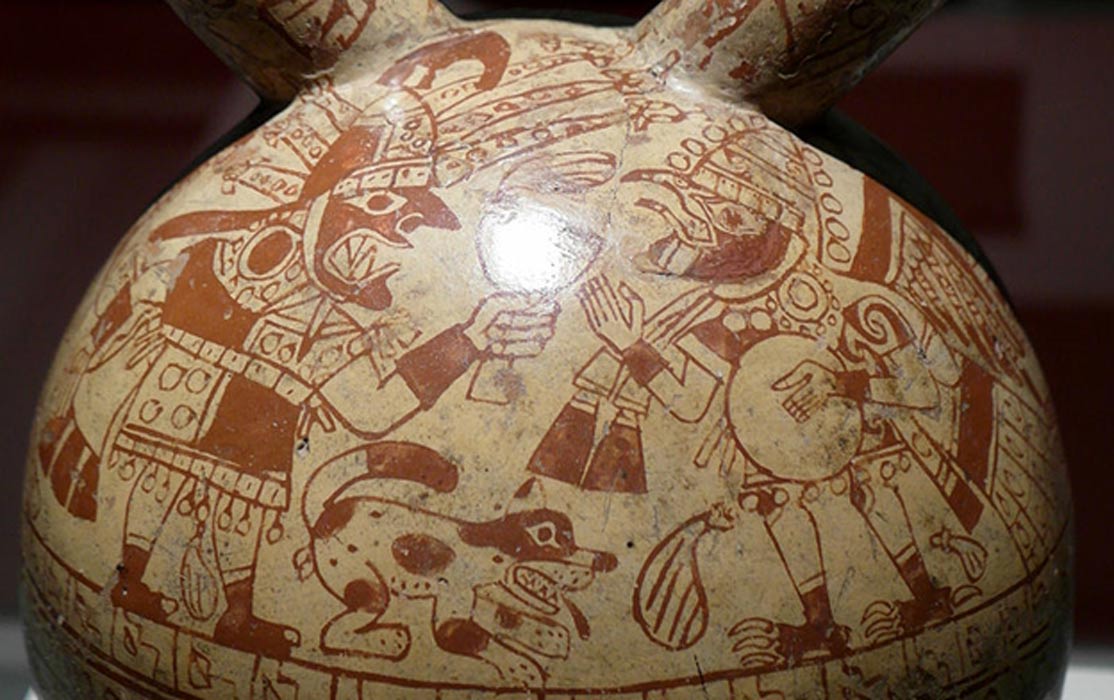 Detail of a Moche Sacrifice Ceremony depicted on a bottle.
