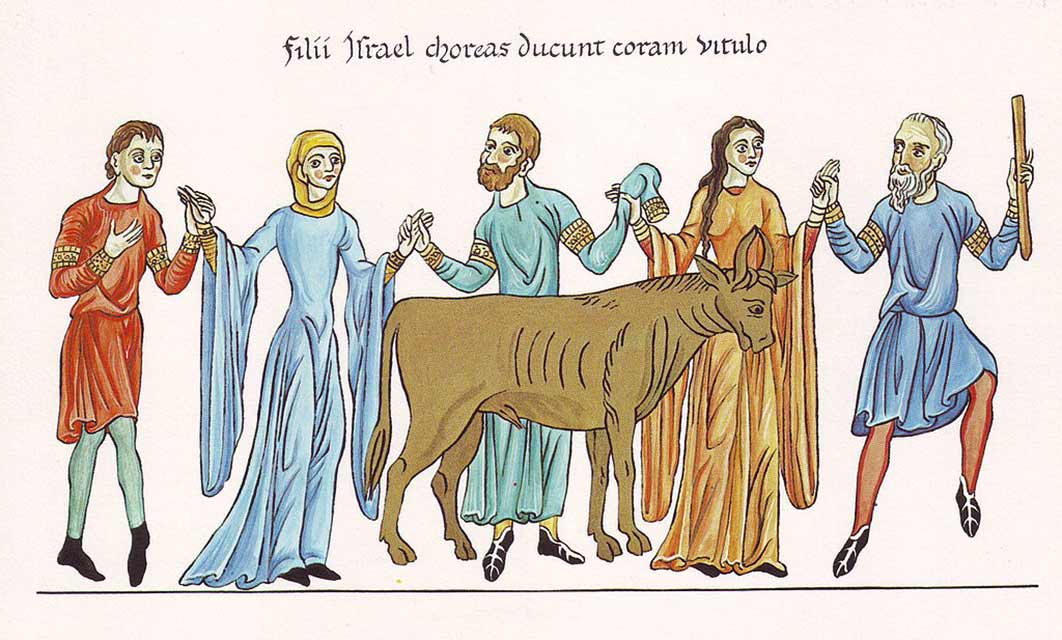 The Adoration of the Golden Calf – Picture from the Hortus deliciarum of Herrad of Landsberg (12th  century) (Public Domain) 