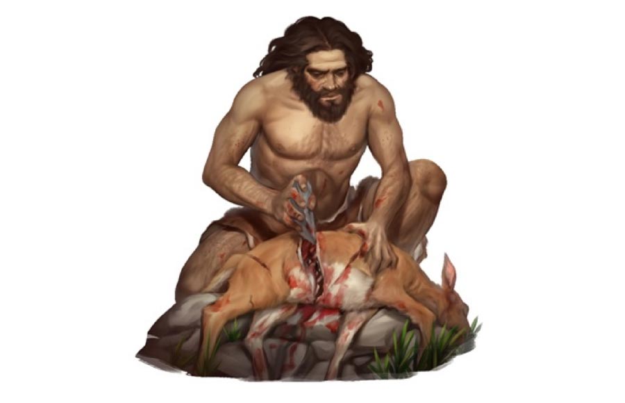 Illustration of Neanderthal Man Cut Deer with Stone Tool (Roni / Adobe Stock)