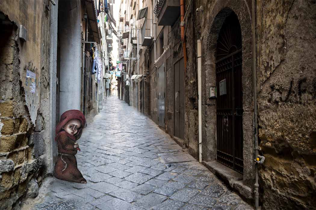 Scenic view of typical narrow alleyway lined laundry lines in the Medieval Centro Storico of Naples ( lazyllama/ Adobe Stock) and Munaciello according to popular imagery ( Lady of a times /CC BY-SA 4.0)