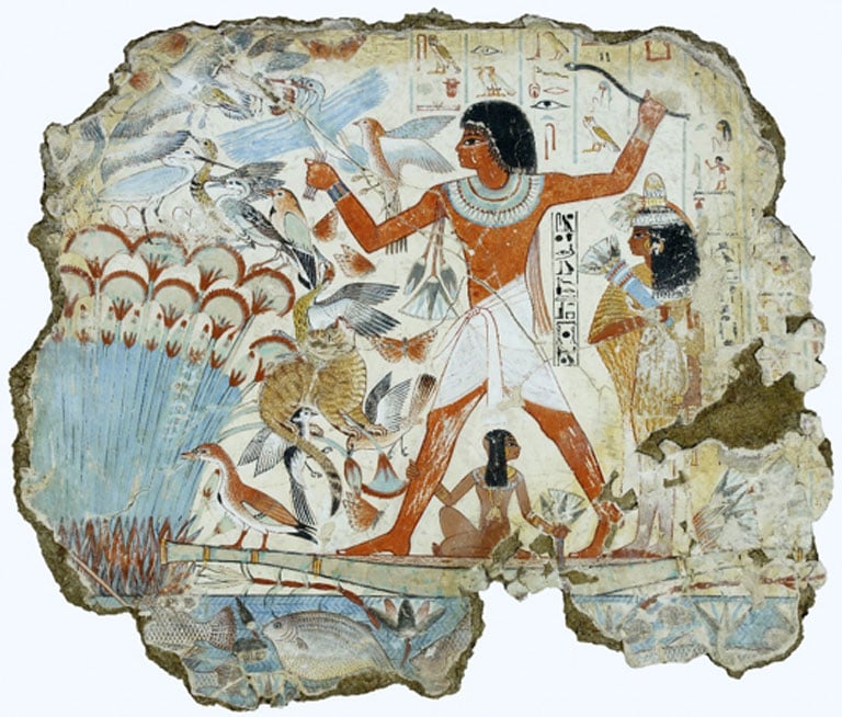 Nebamun, a middle-ranking official ‘scribe and grain accountant’ during the New Kingdom is shown hunting in the marshes, in a scene from his tomb-chapel. His name was translated as ‘My Lord is Amun’, and his association with the temple, coupled with the importance of grain supplies to Egypt, meant that he was a person of considerable practical importance. British Museum.