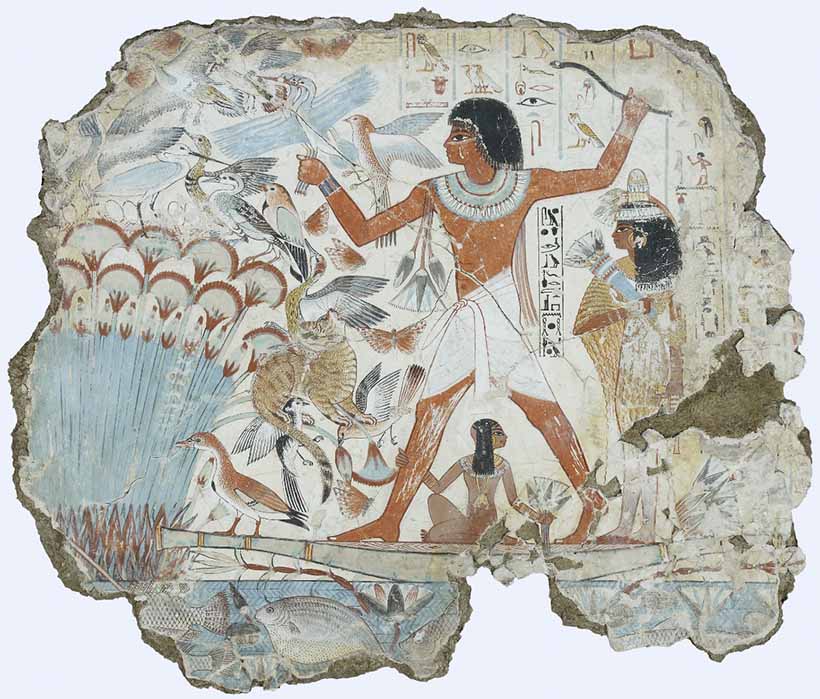 Nebamun, a middle-ranking official ‘scribe and grain accountant’ during the New Kingdom is shown hunting in the marshes, in a scene from his tomb-chapel. British Museum (Public Domain)