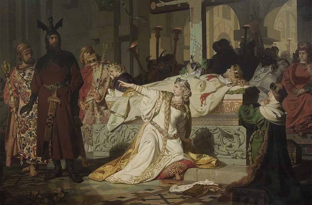 Kriemhild accuses Hagen of murdering Sigfrid after Sigfrid's wounds begin to bleed in Hagen's presence, by Emil Lauffer (1879) (Public Domain)