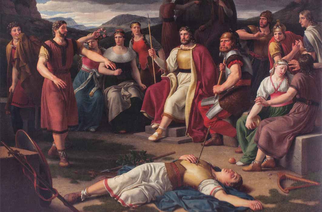 Baldr’s death by Odin is sitting in the middle of the Æsir by Christoffer Wilhelm Eckerberg. Yggdrasil and the three Norns can be seen in the background. (1817) Charlottenborg Palace (Public Domain)