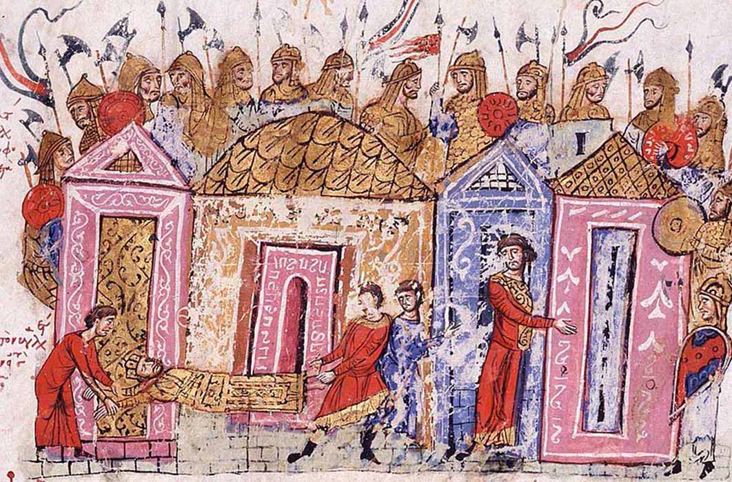 The body of Leo V is dragged to the Hippodrome through the Skyla Gate. Varangian Guardsmen, an illumination from the Skylitzes Chronicle; many if not most members of the Varangian guard were English after the 11th century (Public Domain)